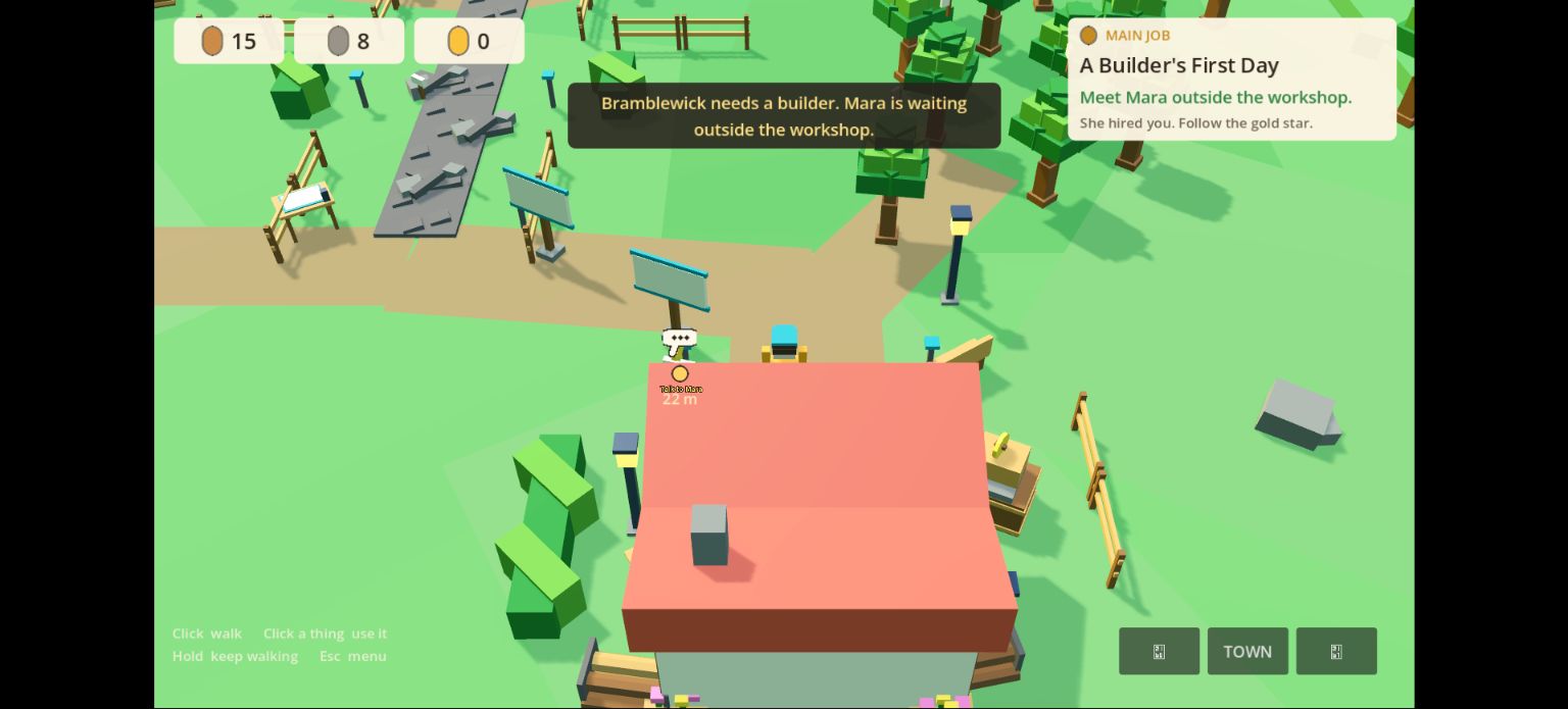 มุมมองเมือง Bramblewick ในเกม Build & Bloom พร้อมตัวละคร งานหลัก และทรัพยากร