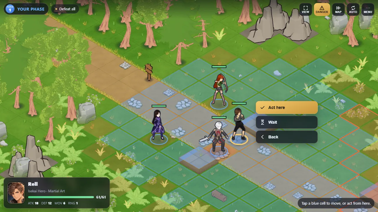 TACTICS on desktop: the party on an isometric map, blue cells for the reach, the hero's card at the bottom left