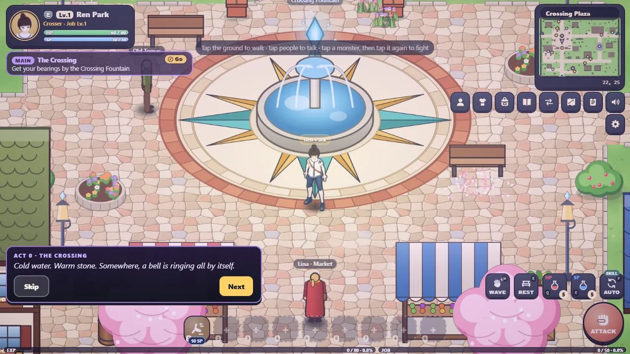 ISEKAI CROSSING 1.1.0-beta.2 บนเดสก์ท็อป: Crosser ยืนกลางลานน้ำพุ Crossing Plaza มีแถบสถานะ เควสต์ แผนที่เล็ก และแถบสกิลรอบจอ และกล่องเนื้อเรื่องบทนำมุมซ้ายล่าง