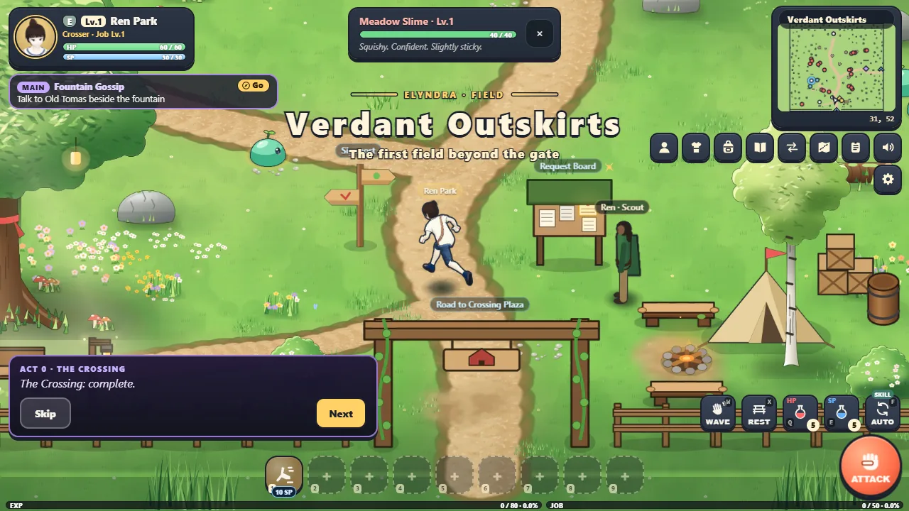 Crosser วิ่งออกจากประตูเมืองเข้าสู่ Verdant Outskirts ทุ่งแรกนอกเมือง มีป้ายบอกทาง กระดานคำขอ Ren หน่วยลาดตระเวน และ Meadow Slime ที่เลือกเป็นเป้าหมายอยู่